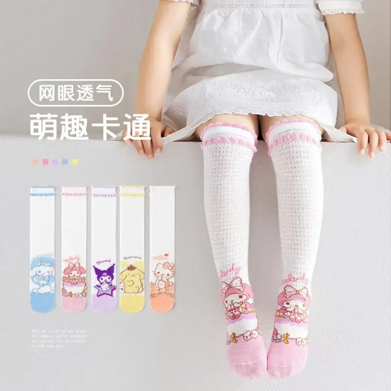 Hello Kitty Cinnamoroll Anime Kawaii Sanrio Stockings Summer Cute Cotton Kuromi Ins Breathable Anti-Mosquito Calf Socks Gifts