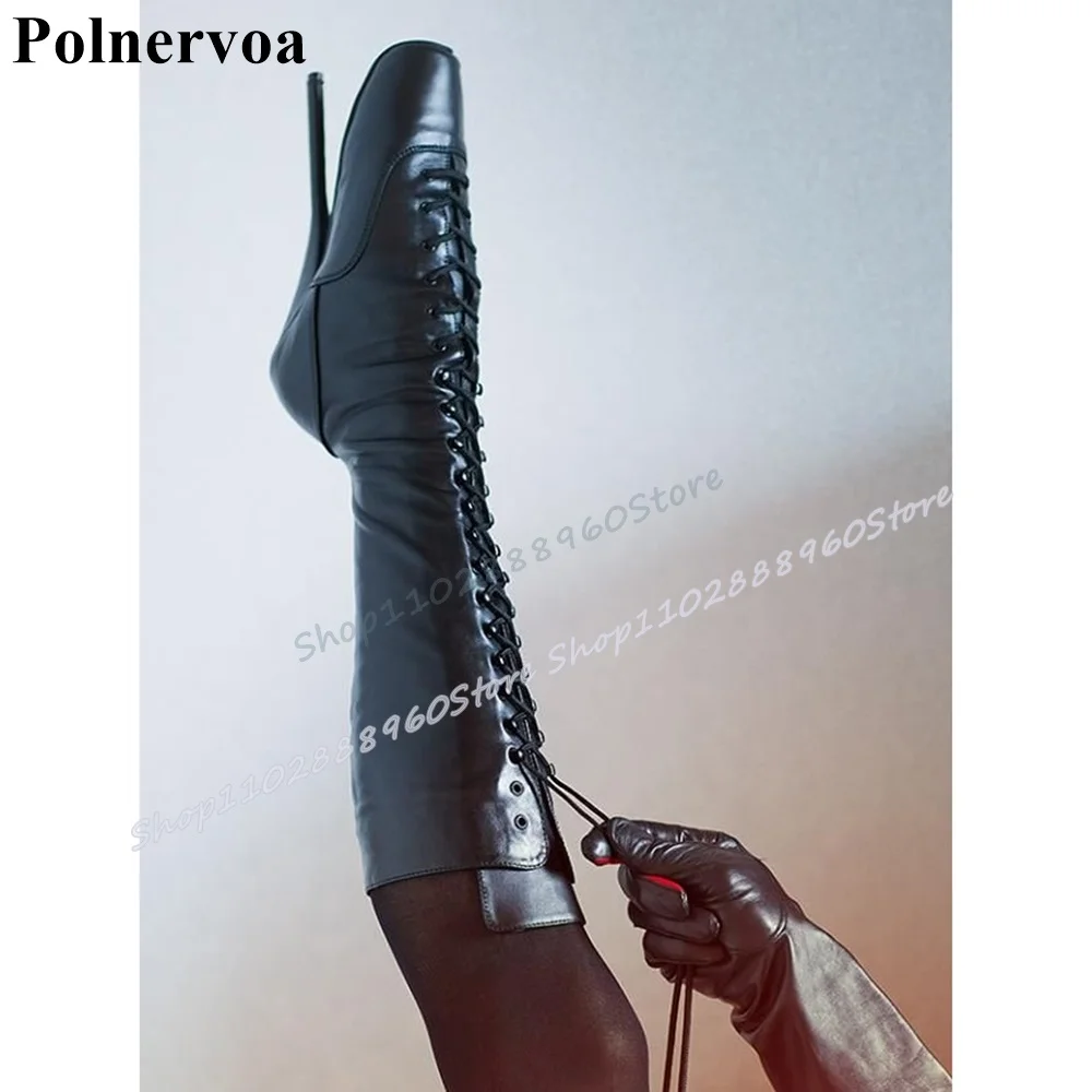 

Knee High Ballet Black Leather Cross Tied Boots Super High Heel Shoes For Women Side Zipper Pointed Toe Stylish Sexy Boots