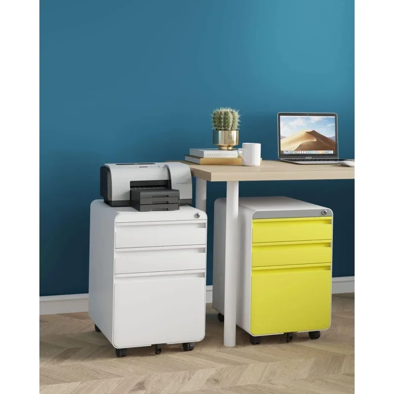 3 Drawer File Cabinet, Metal Filing Cabinets with Lock Wheels & Hanging Rail A4/Legal/Letter File, Anti-tilt Under Desk Desi