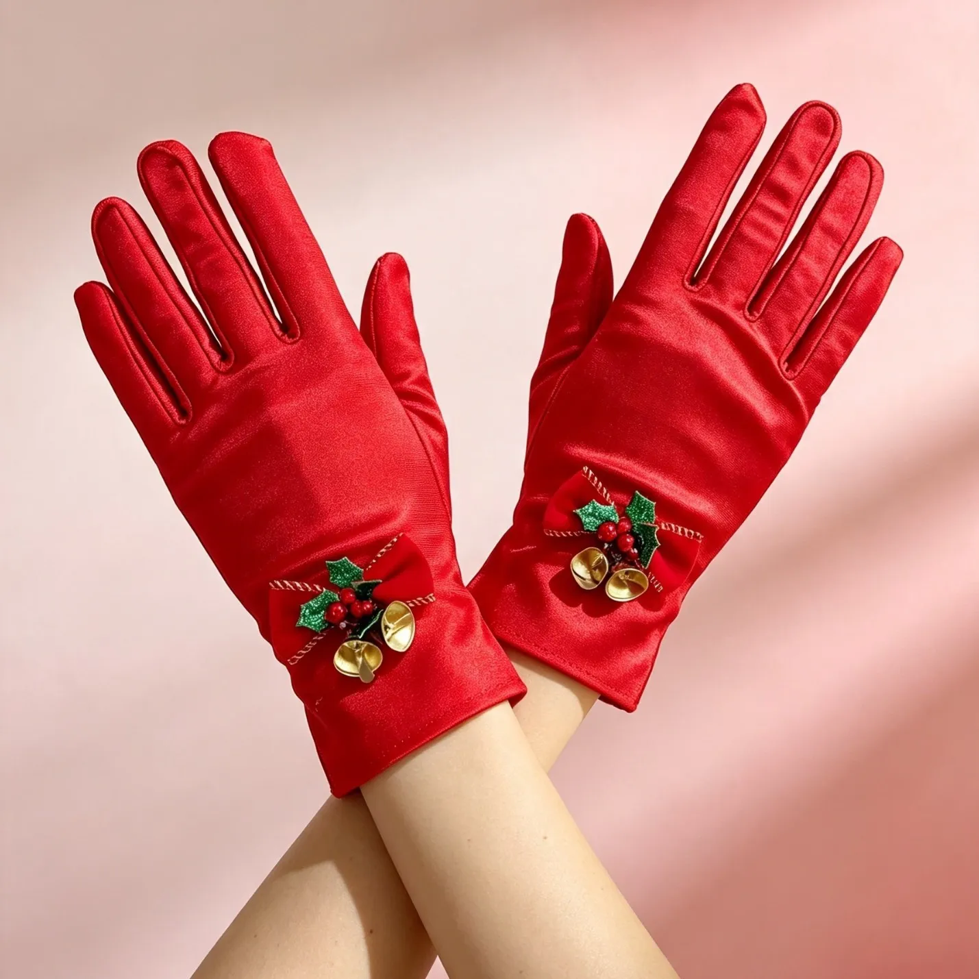 Gloves Christmas Red Full Finger Gold Bell Bow Holiday Stage Show Party Photo Costume Polyester Medium Lightweight Elegant