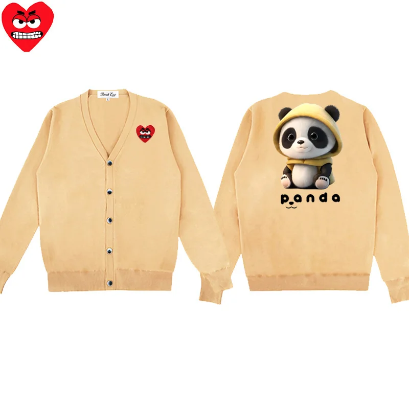 Panda with Hat  Printing Men Cardigan Cotton Cool Snag Heart Embroidery V-Neck Single Breasted Long Sleeves Autumn Fit Sweater