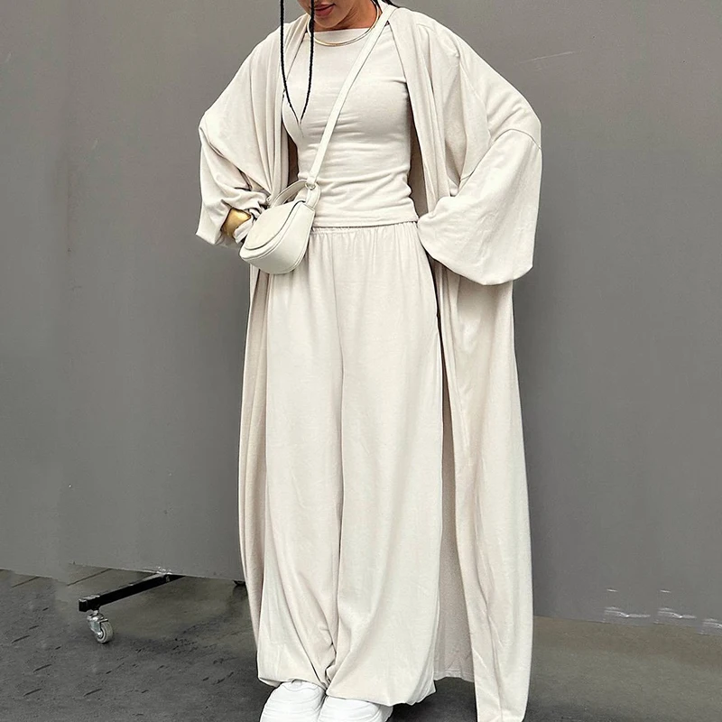 Spring Loose Trousers Suit Women Long Cardigan Jacket+round Neck T-shirt+high Waist Wide-leg Pants Autumn Female Three Piece Set