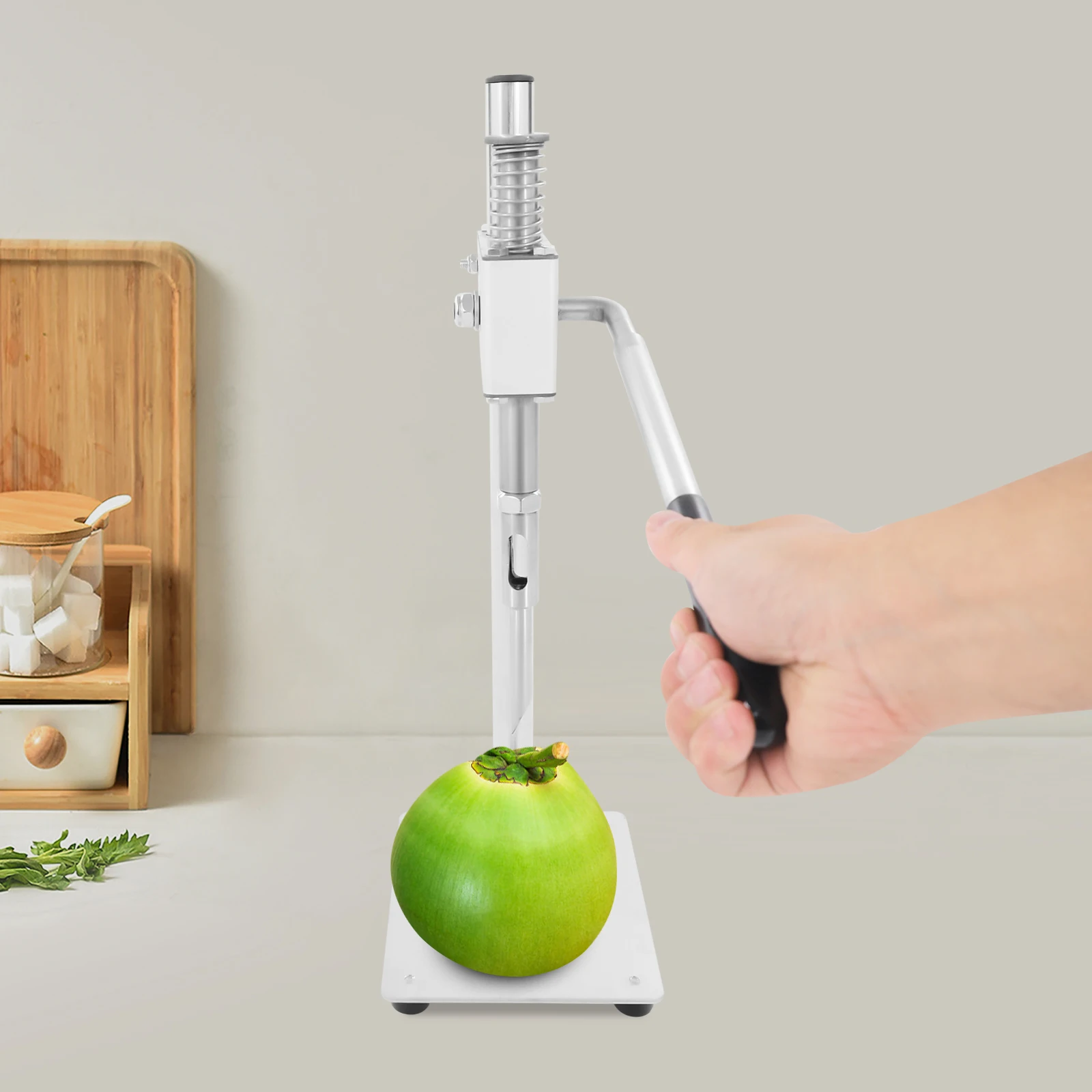

Stainless Steel Coconut Opener Tool Spring-Assisted 7.87in Adjustable Tabletop Coco Opener Kit with Gloves for Home/Picnic