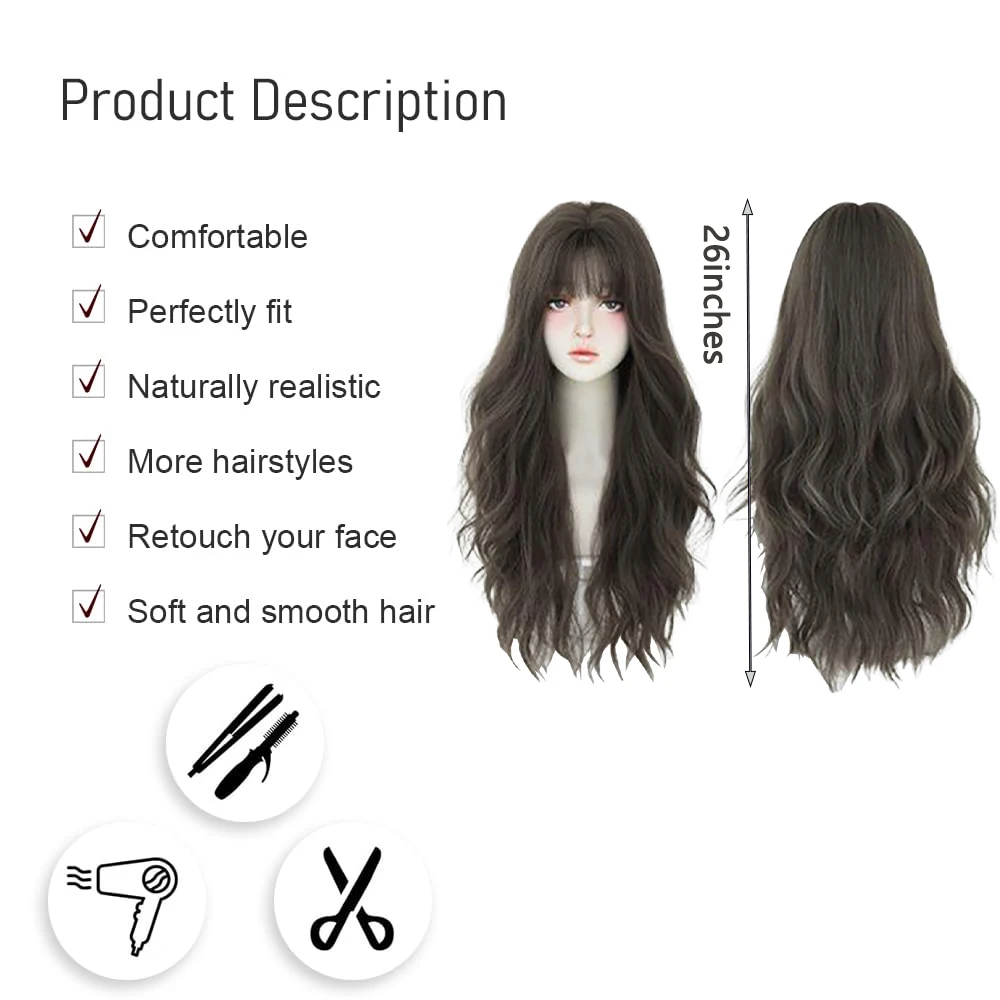 ผมสังเคราะห์สีน้ำตาลขนาด 26 นิ้ว มีลอนหยิกเป็นธรรมชาติ มีความนุ่มฟูและมีหน้าม้า เหมาะสำหรับวิกผมสำหรับเล่นบทบาทในงานปาร์ตี้ประจำวันของผู้หญิง