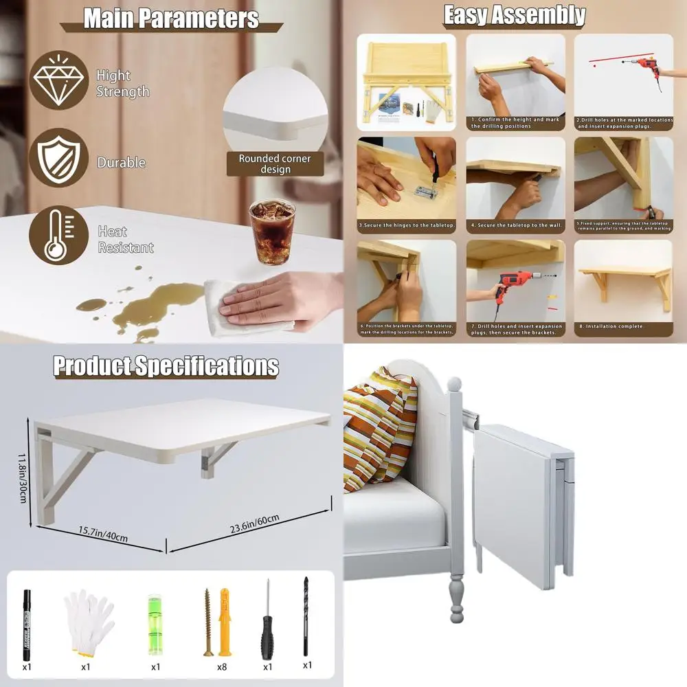 

Компактный белый складной настенный столик, длина 23,6 x шириной 15,7
