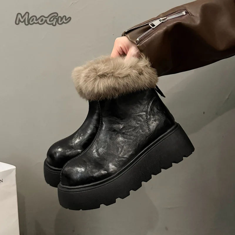 

Women's Furry Brown Ankle Boots Platform Snow Boots Winter Warm Shoes Chunky Sole Non-Slip Outdoor Booties Black Bottes Femmes