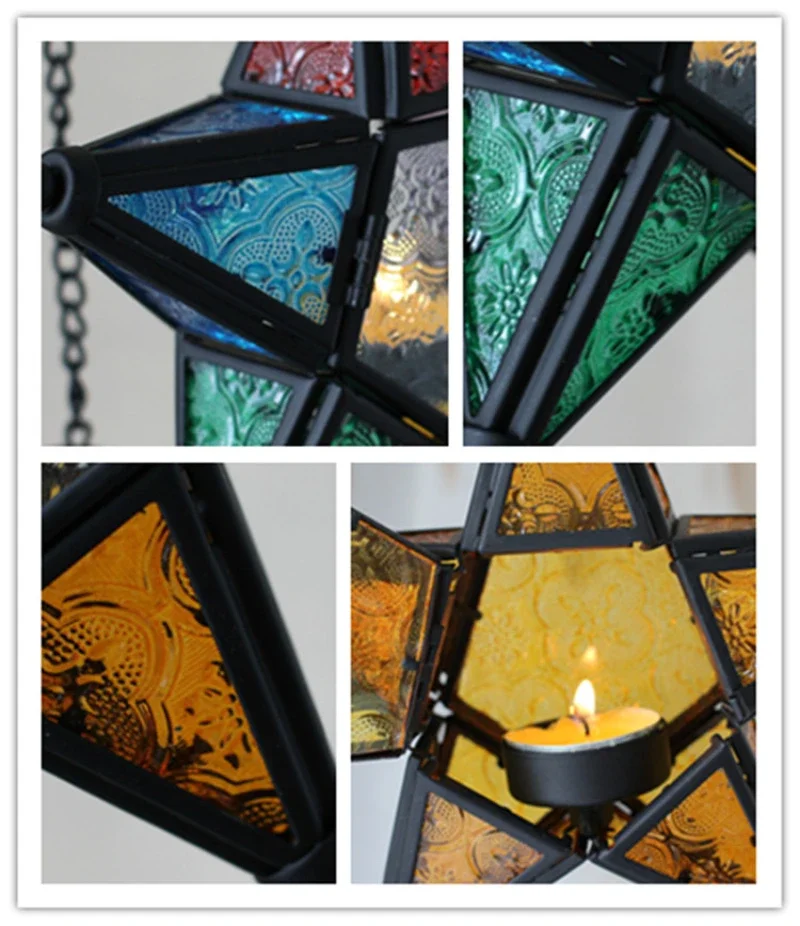 Antique Iron Art Stained Glass Wind Lamp Candle Holder Pentagonal Windproof Candlestick Morocco Bar Decoration Star Candlestick