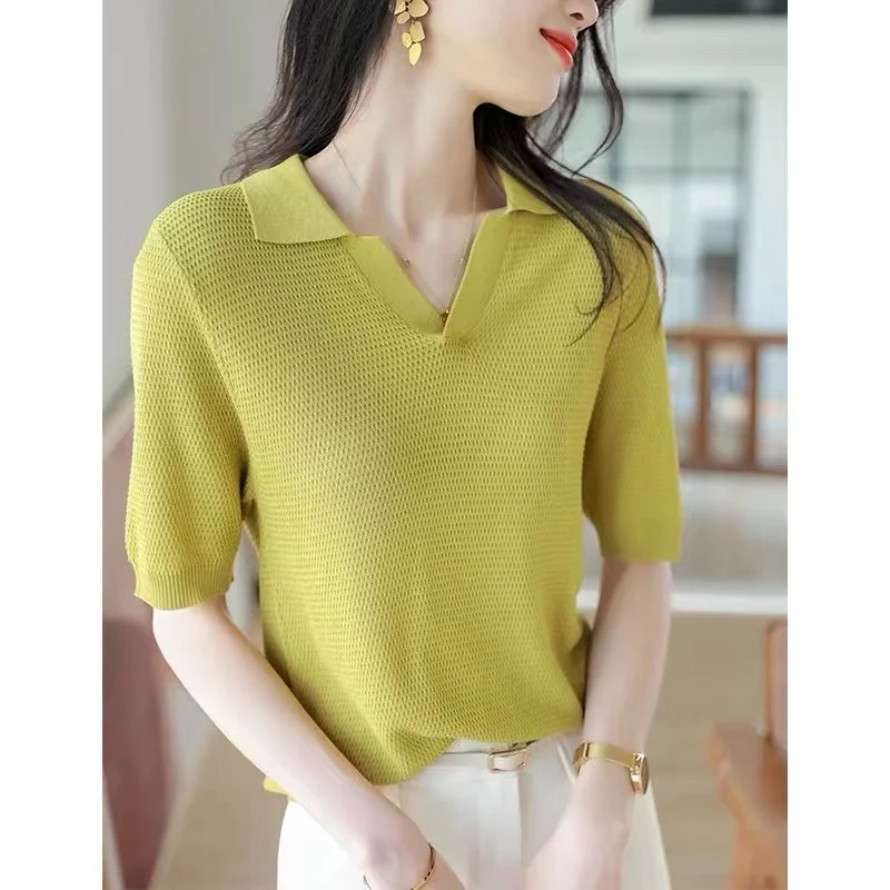 

ice silk short sleeve knit cotton thread half sleeve POLO collar loose T-shirt women's summer wear thin temperament slimming top