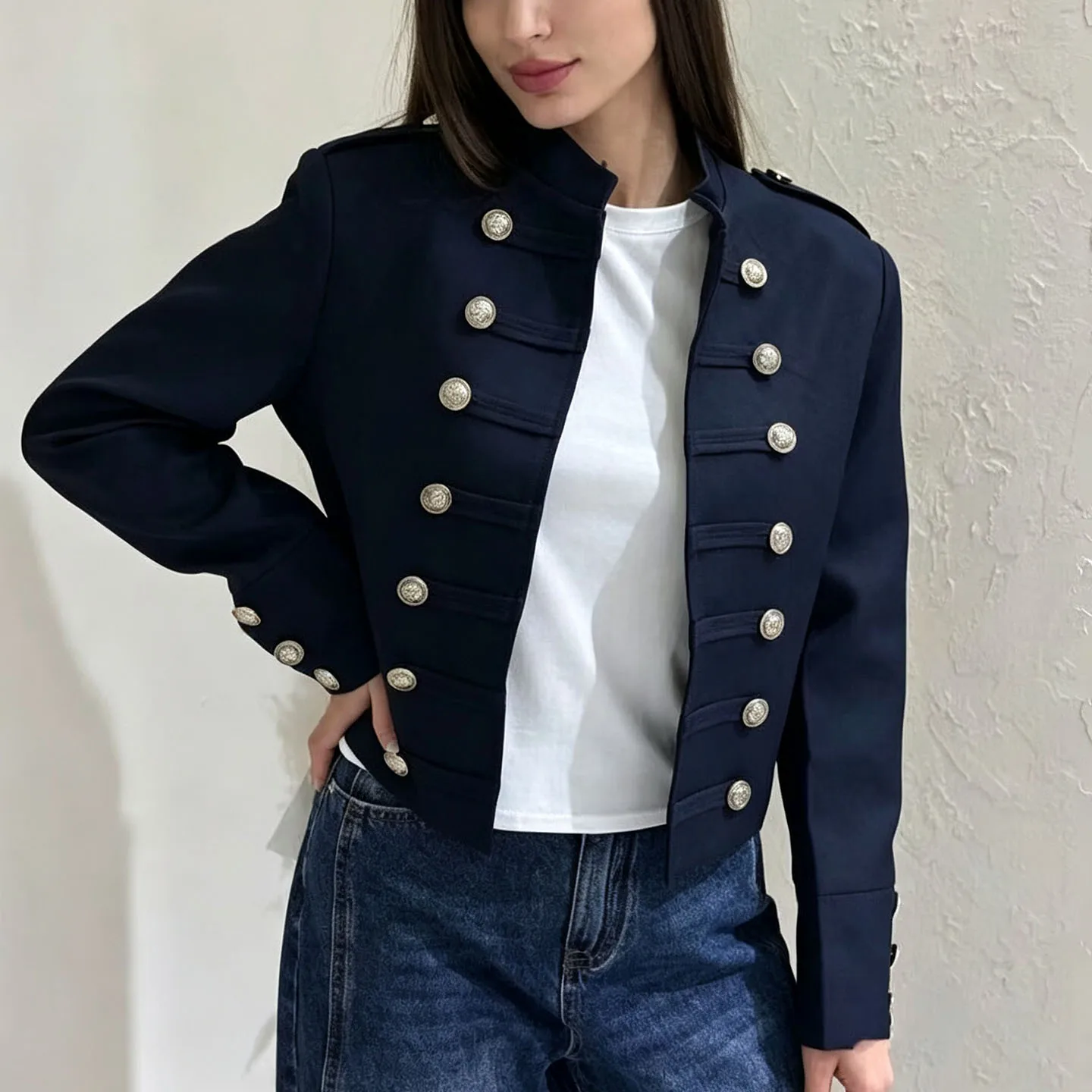 Fashionable Long Sleeve Short Jacket Women's Autumn Wear Metal Button Slimming Casual Style Loose Fit Other Material 100%