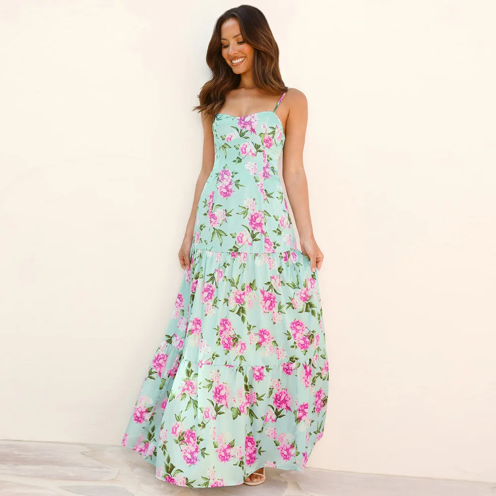 

Dresses Women Summer Long Dress Camisole Hollow Loose Print Beach Style Sleeveless A Line Vestidos Slight Strech Spliced