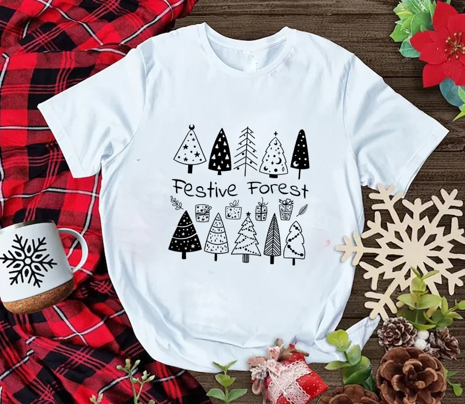 Women Letter Print T Shirt Festive Forest Christmas Pine Trees Shirts Merry Christmas Tee Women Fashion Causal Aesthetic Tops