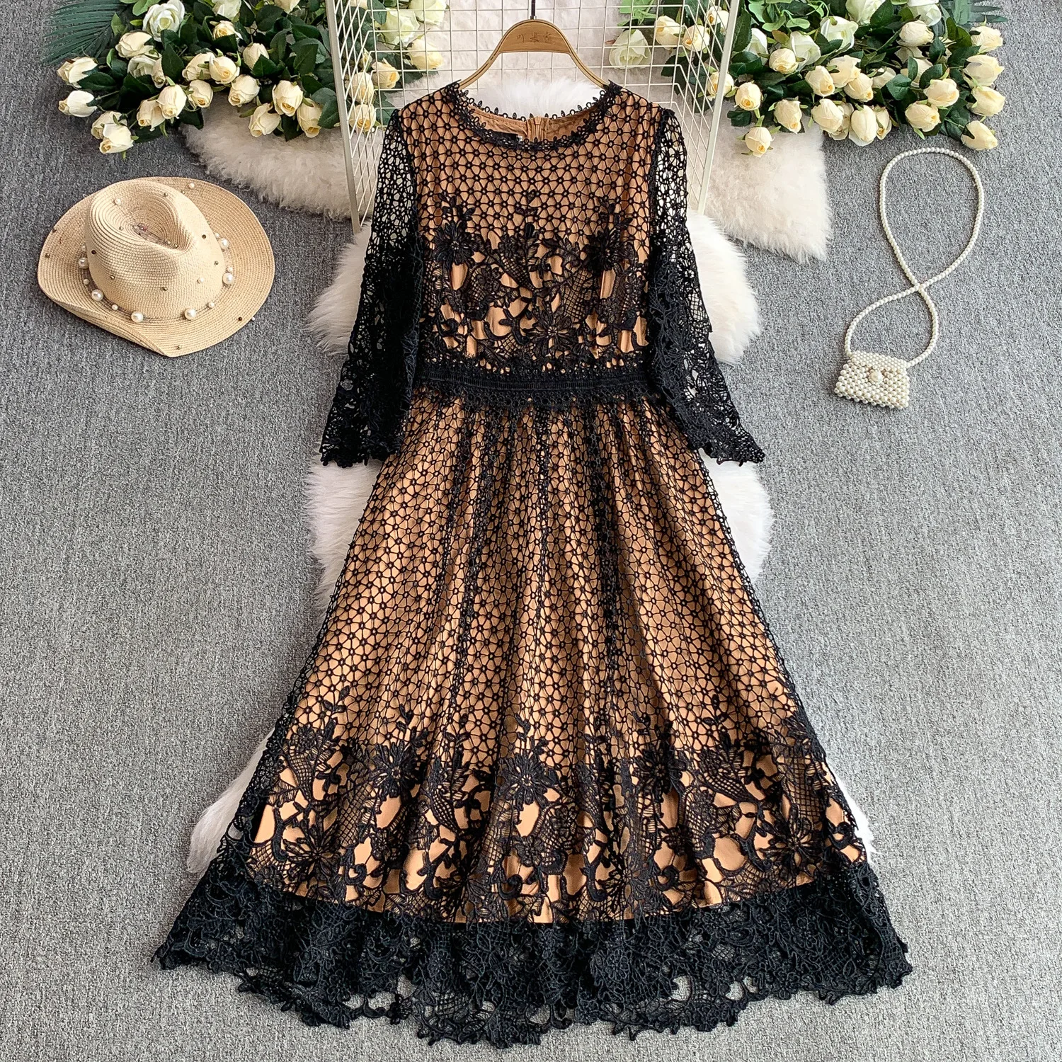 

French High-grade Lace Hollow Round Neck Long-sleeved Dress For Women 2015 Summer Vacation Waist Slim Midi Dress