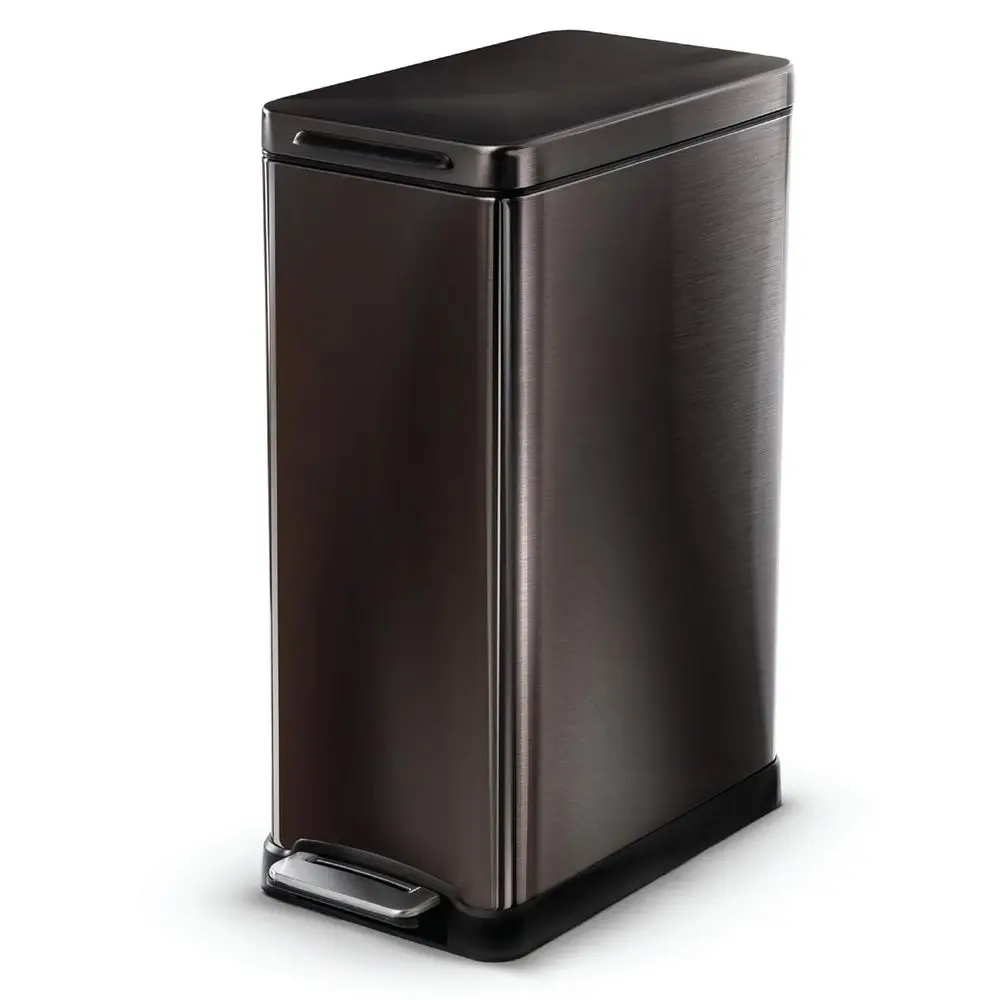 

12 Gallon Slim Kitchen Trash Can with Soft-Close Lid, Pedal, Bag Holder, Removable Liner, Stainless Steel, Black, 1st Gen