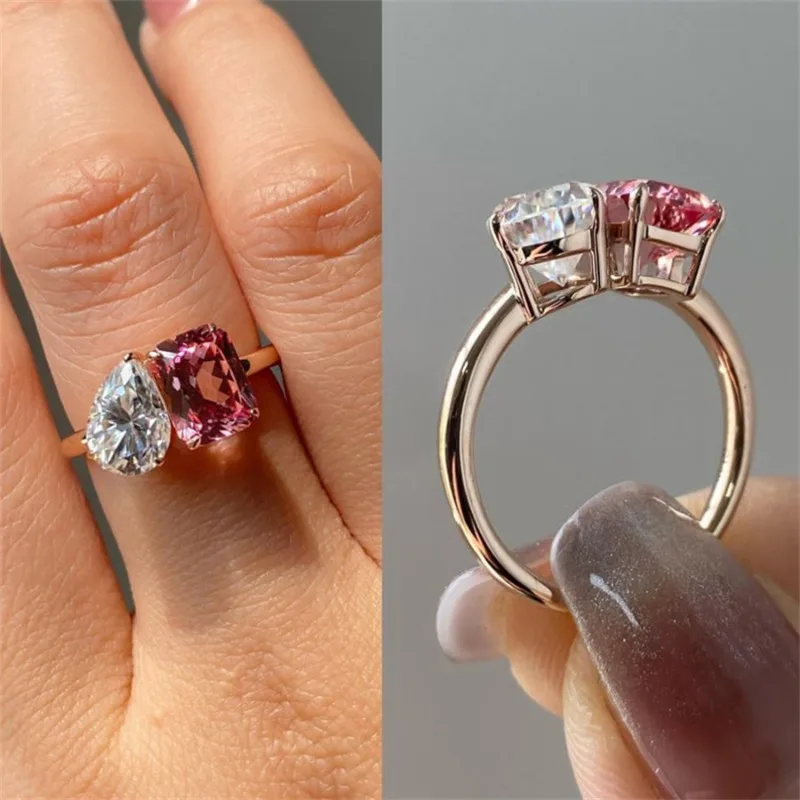 

European and American new fashionable pink zircon inlaid luxury personalized women's ring