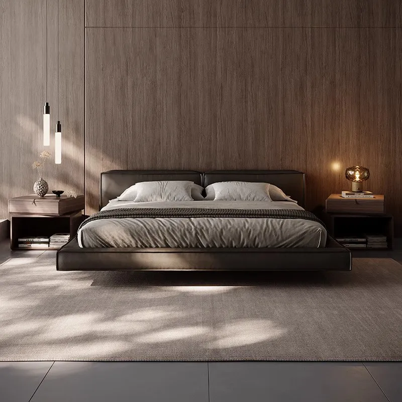 

king size genuine leather Double bed 180x200cm Bed bottom with induction light queen size bed frame letto matrimoniale furniture