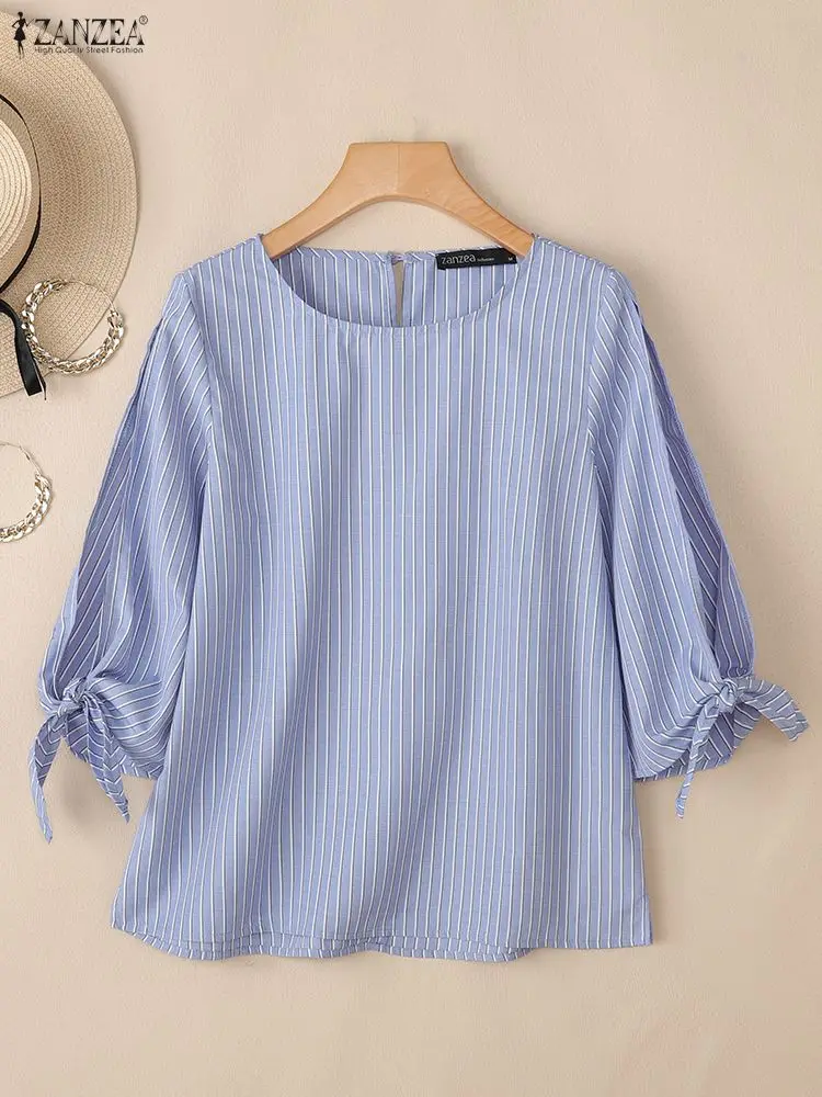 

ZANZEA Autumn Summer Striped Blouse Women Tops Casual O Neck 3/4 Sleeve Blusas Elegant Work Shirt Female Chemise Mujer Oversize