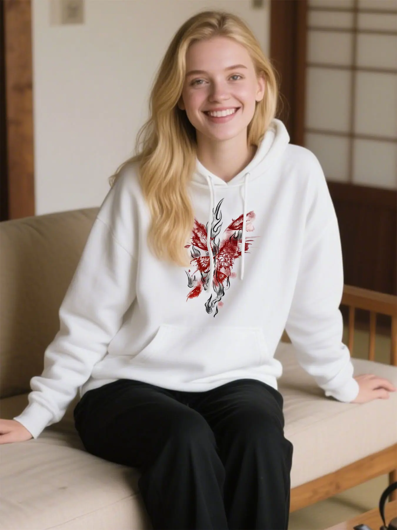 

​Butterfly Flame Print Plush Fleece Lined Cotton Hooded Sweatshirt Comfort Casual Christmas Festive Wear​