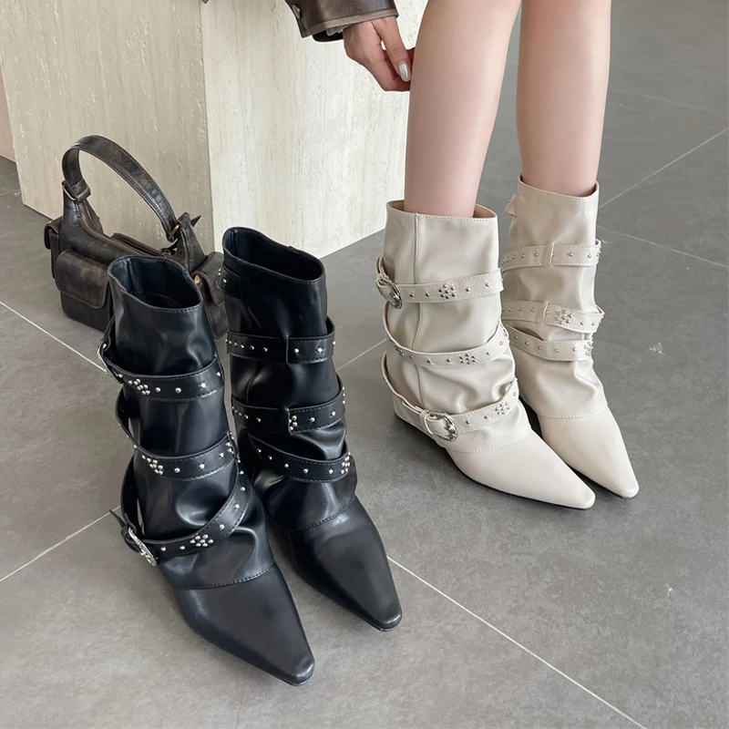 

flared Boots Women Shoes designer belt buckle wedges Motorcycle Boot fashion slip on Mid Calf Boots high quality black white