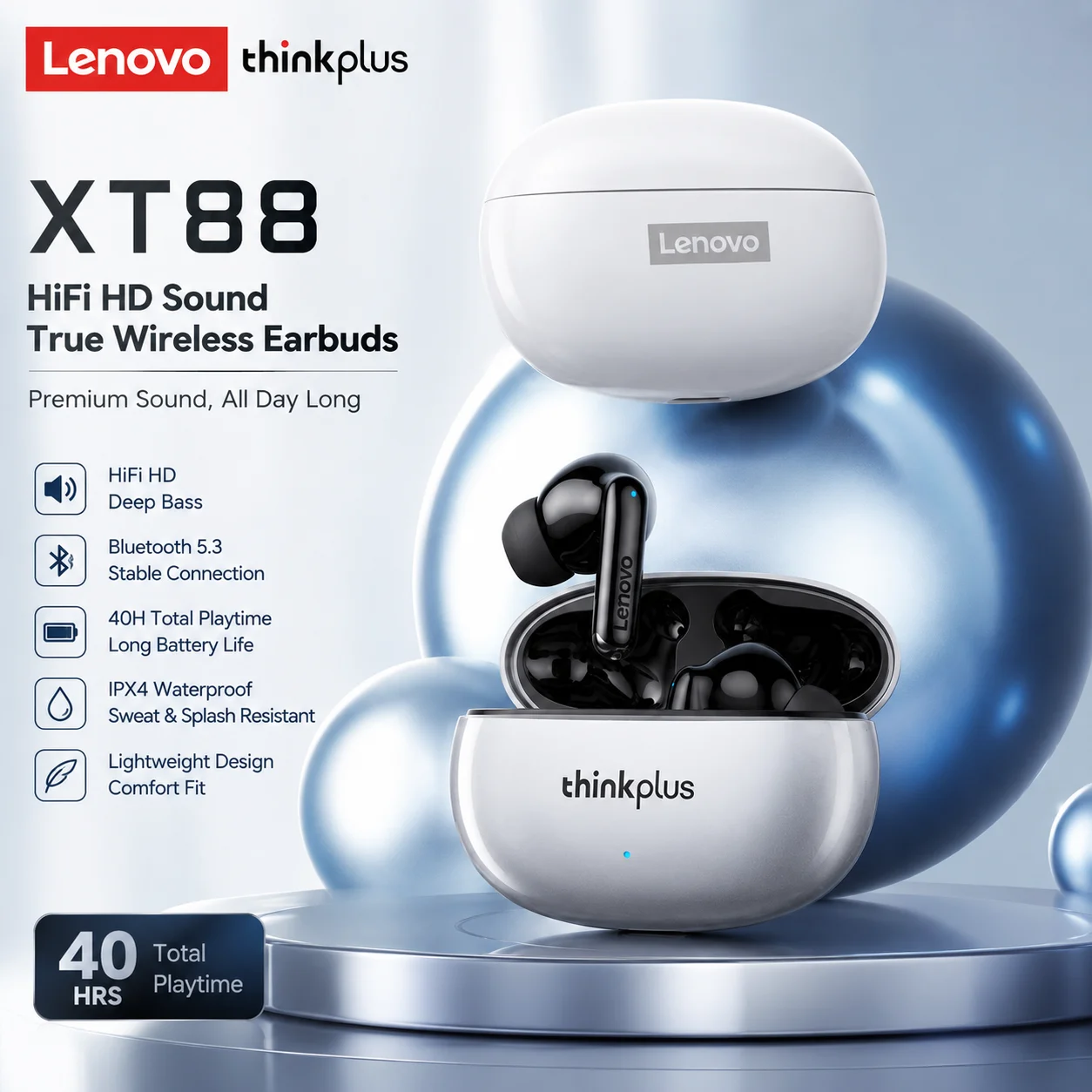 Lenovo XT88 TWS Wireless Earphones Bluetooth Dual MIC Stereo ENC Noise Reduction Bass HIFI Touch Control Earbuds Gaming Earbuds