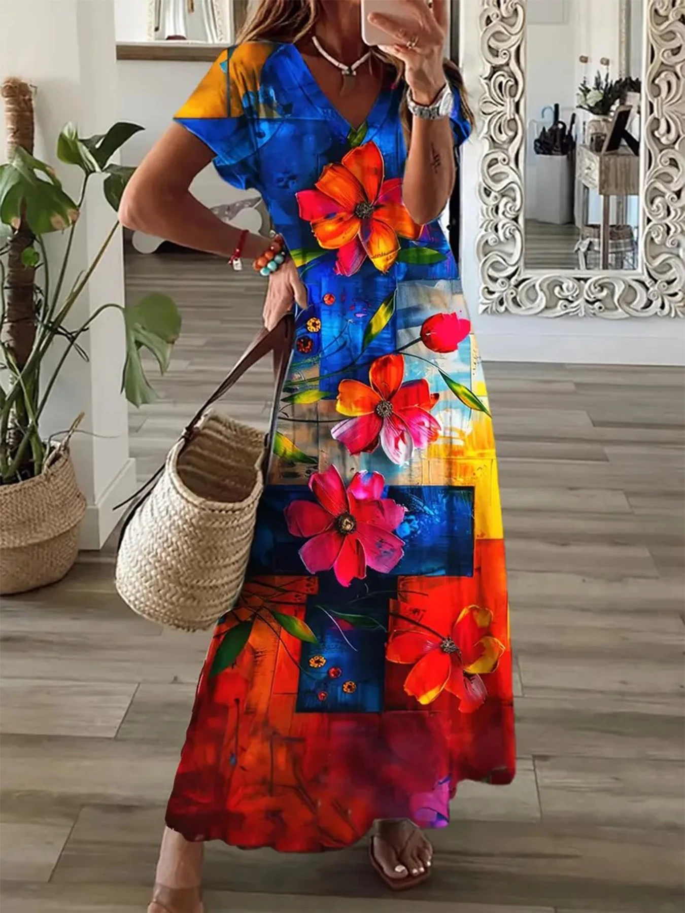 Robe élégante pour femmes, fendue, décontractée, manches courtes, Maxi, t-shirt de vacances, débardeur, vêtements de plage fluides pour le Style de vacances