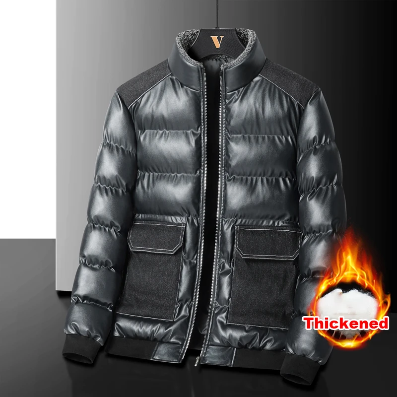 

2025 Winter Men's Quilted Thickened Jackets Slim-fit Stand Collar with PU Leather Patch Pockets Men's Quilted Parkas Winter Coat