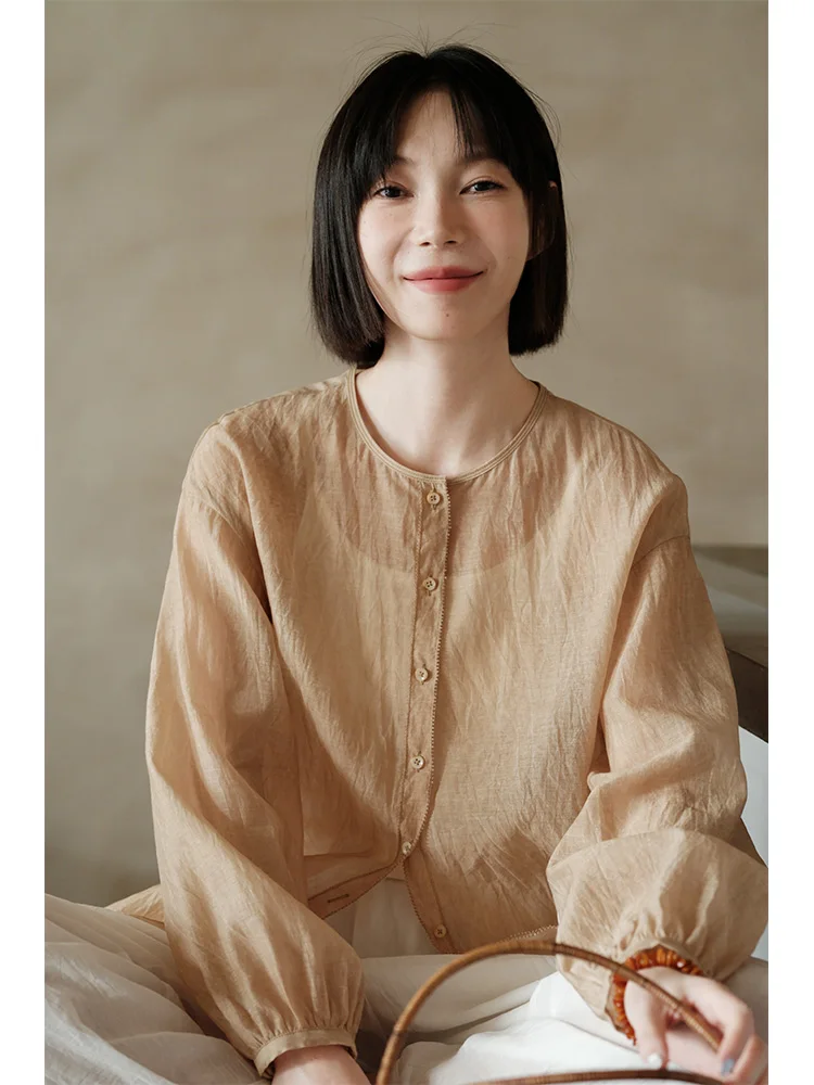 

Рубашка ручной работы из шелкового хлопка с защитой от солнца, женская, повседневный стиль, свободный крой, с длинным рукавом, круглый вырез горловины