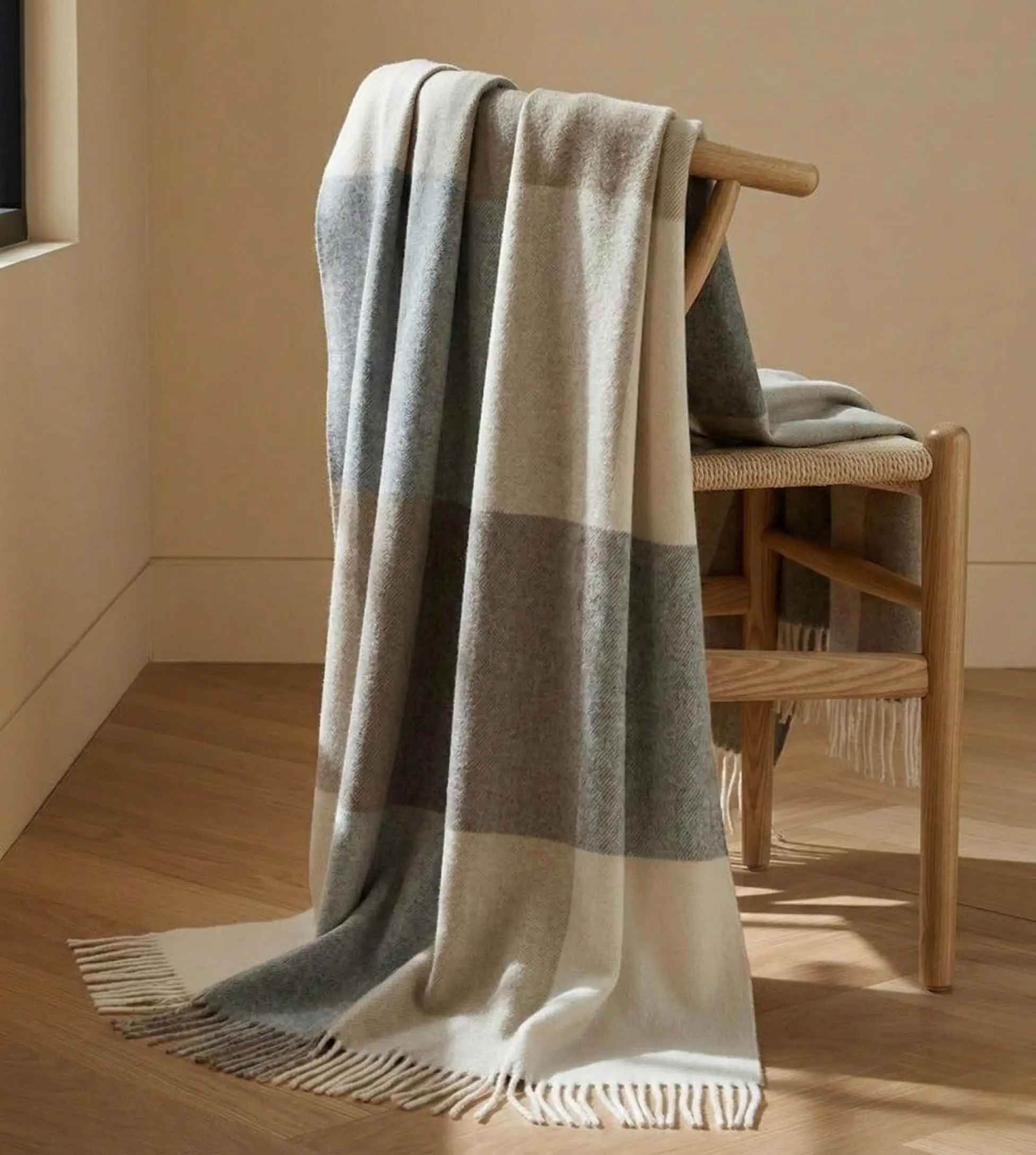 100% Australian Lambswool Throw Blanket with Fringe – Premium Soft Woven Wool Accent for Couch, Sofa & Bed – Neutral