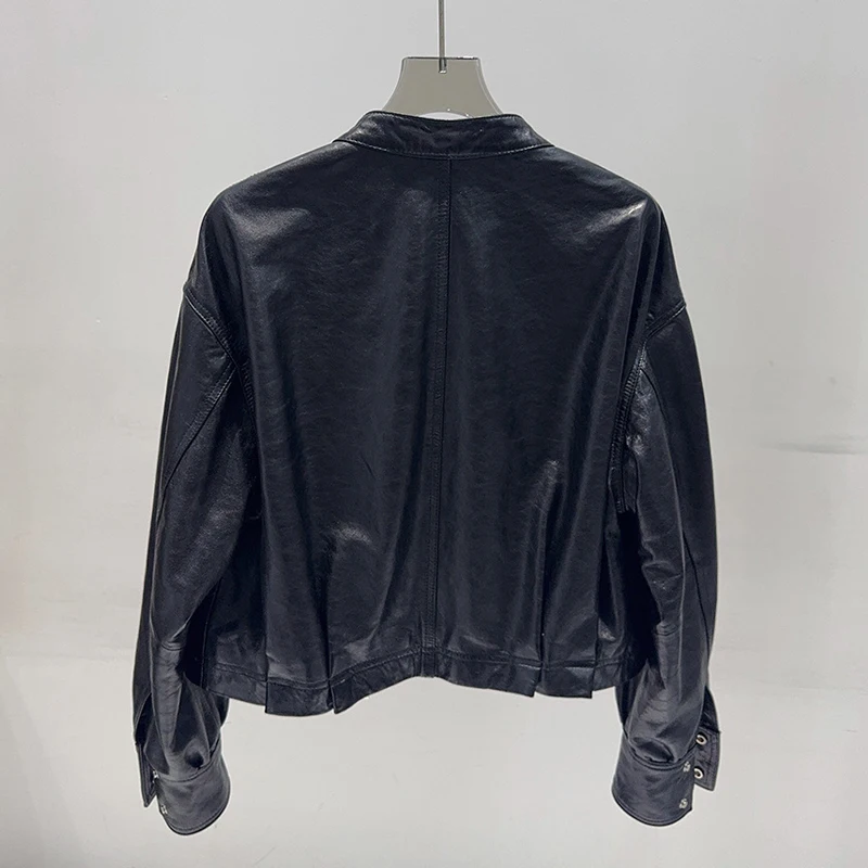 Vestes Courtes en Cuir Véritable pour Femmes, Hauts en Peau de Mouton Première Couche, Blousons Décontractés en Cuir Huilé avec Col Montant