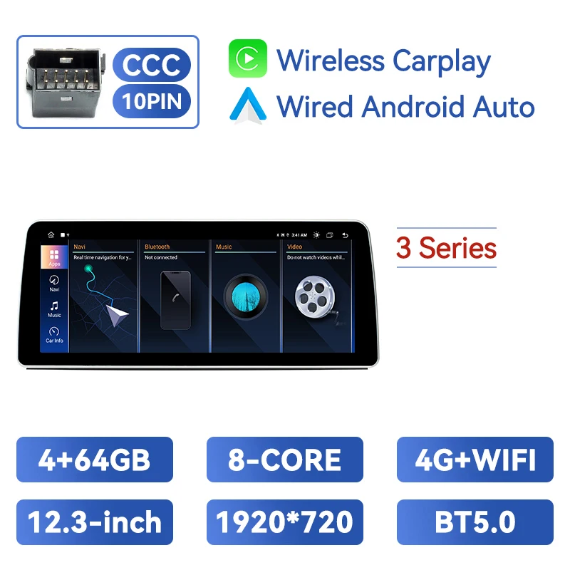 Draadloze Carplay 1920*720P 12.3Inch Android 14 Auto Multimedia Speler Voor Bmw 3/5Serie E60 E61 E90 E91 E92 E93 Ccc Cic 8Core Dsp
