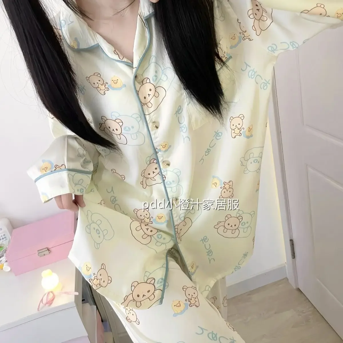 Kawaii Rilakkumas منامة للنساء ربيع الخريف الإنترنت الشهيرة طويلة الأكمام السراويل الطويلة لطيف طالب المنزل مجموعة الفتيات الهدايا اللعب