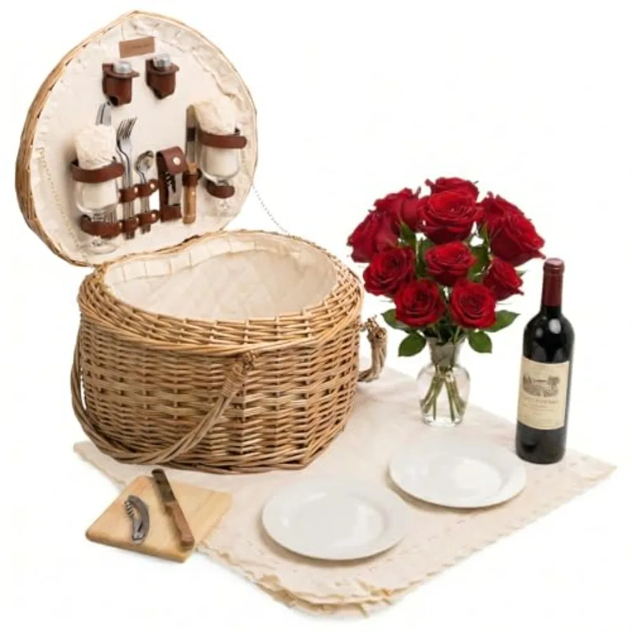 

Heart Picnic Basket for 2: wicker, antique white, handwoven willow construction with fully-lined interior and deluxe accessorie