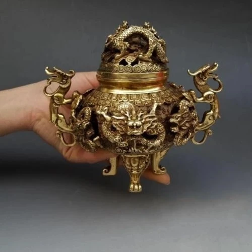 

Chinese Brass Gilt 9 Dragon Incense Burner Censer Incensory Burner Statue