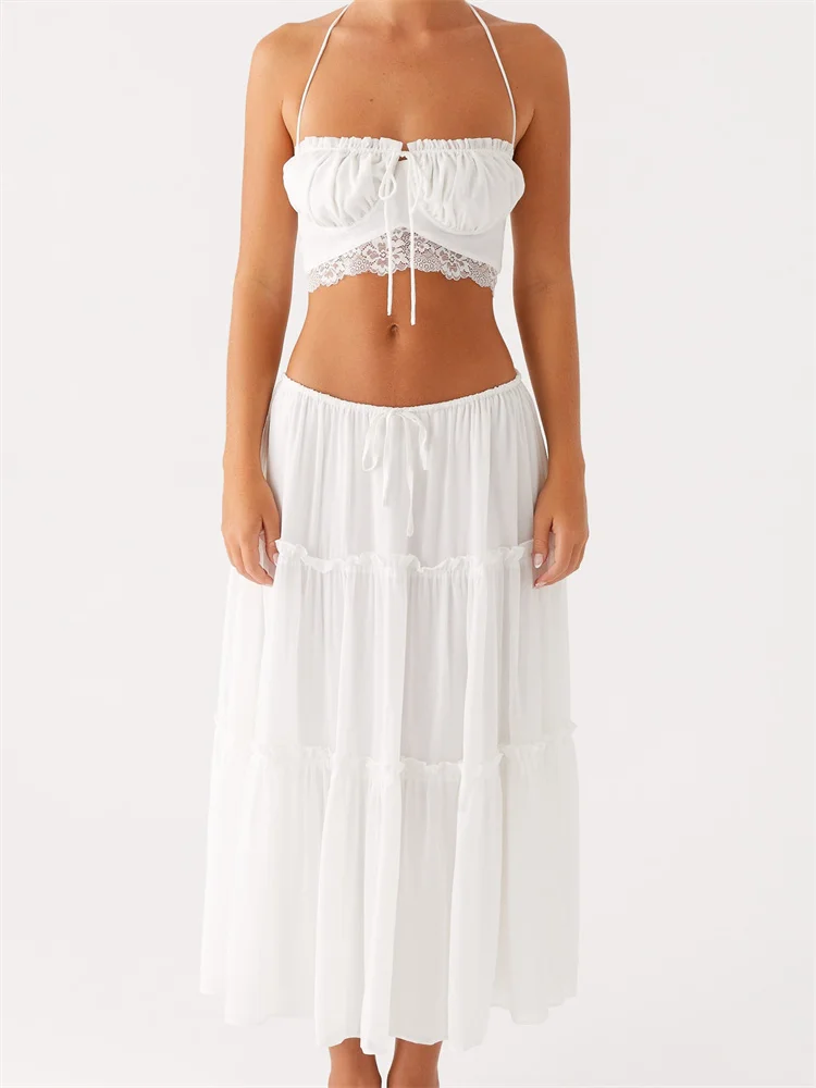 

CHRONSTYLE Women Summer 2 Piece Outfits Solid Ruffles Trim Halter Backless Tie-up Tank Tops and Long Maxi Skirts Streetwear 2025