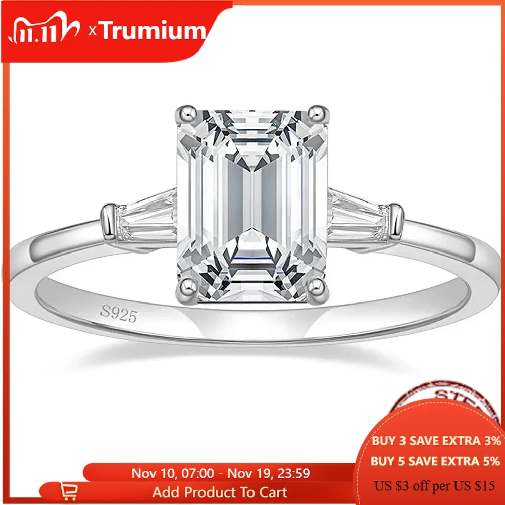 

Trumium 3CT 925 Sterling Silver Engagement Rings 3-Stone Emerald Cut Cubic Zirconia Wedding Promise Rings for Women Gft Jewelry