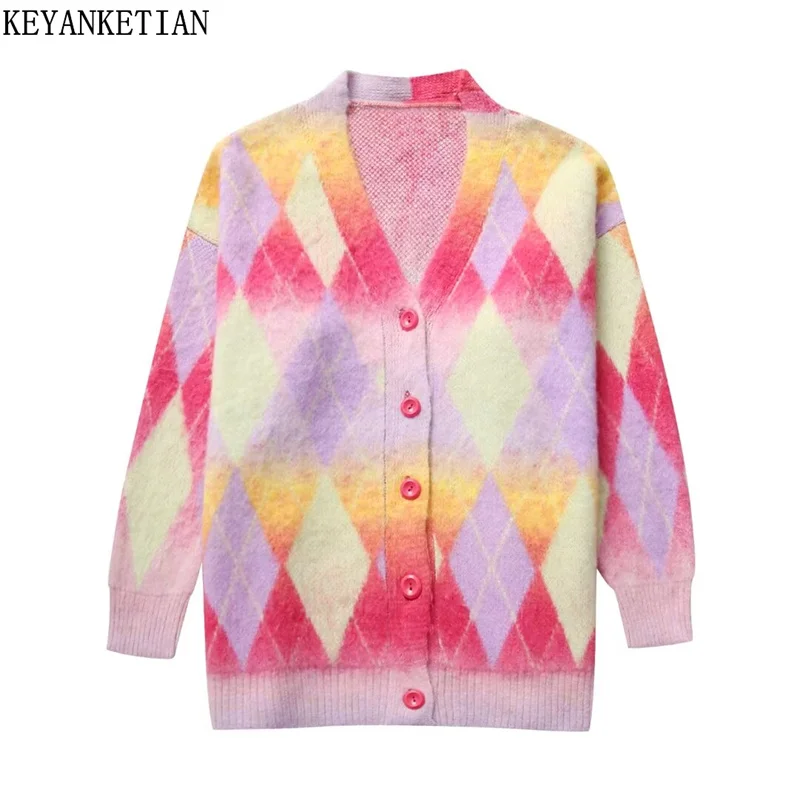 

KEYANKETIAN Winter New Women Tie dye Argyle Button-up Knit Cardigans Fashion Sweet Oversize Loose Rainbow Sweater TOP Outerwear