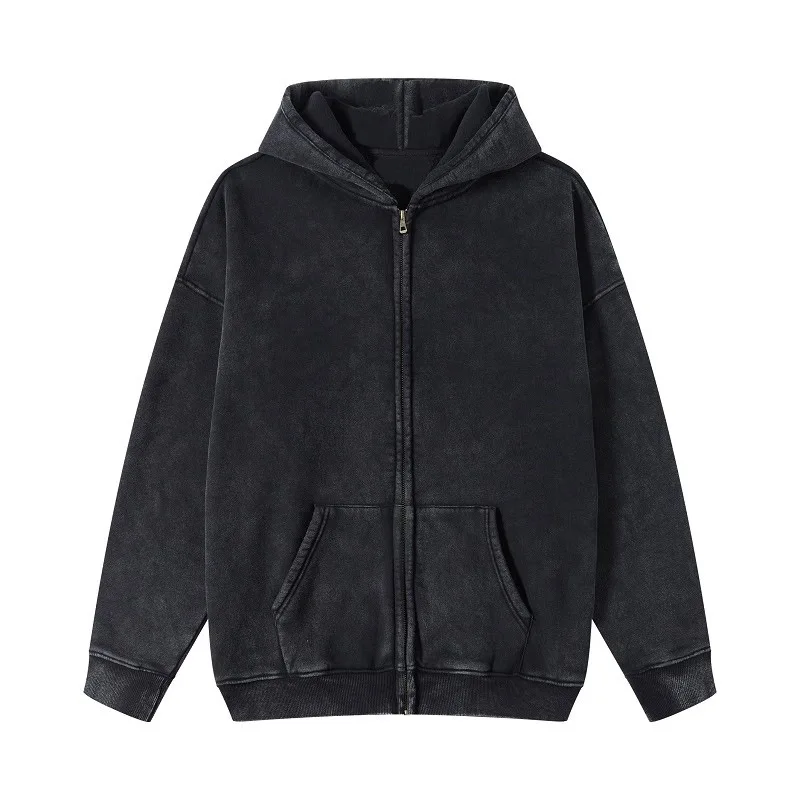 Retro Spring Autumn Fahsion Men's Casual Trendy Loose Solid Color Waxed Hooded Hoodies American Zipper Washed Vintage Coat Male