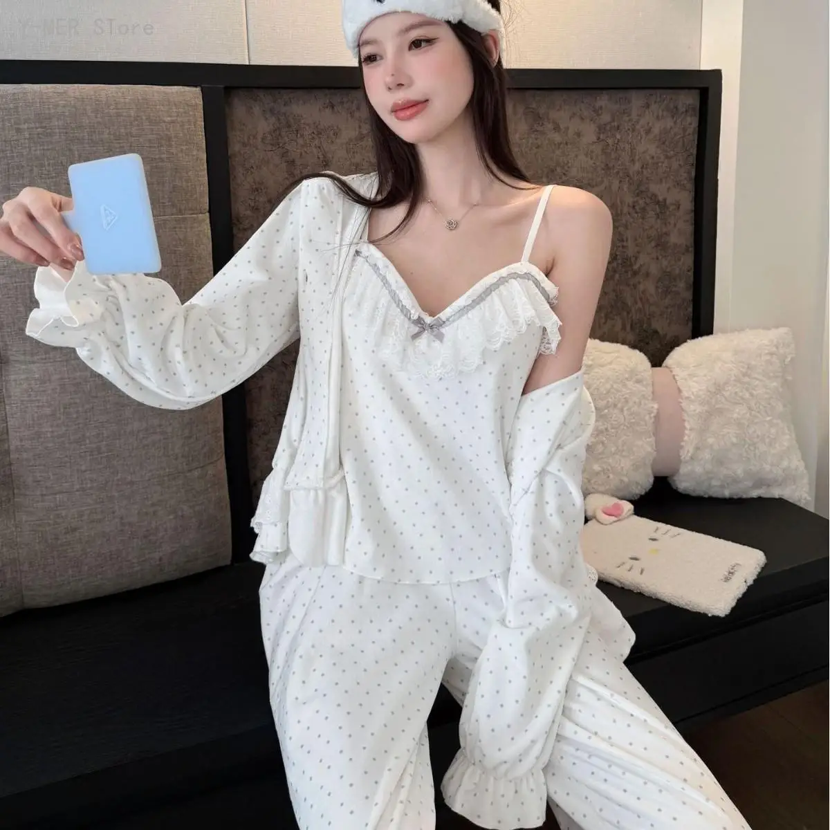 Women Early Autumn Sweet Princess Style Island Velvet Three Piece Pajama Set Lace Polka Dot Long Sleeve Soft Girls Sleepwear