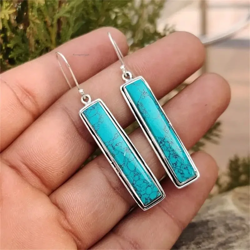 Creative Vintage Rectangle Turquoise Drop Earrings Personality Bohemian Style Geometric Earrings Party Jewelry Gifts