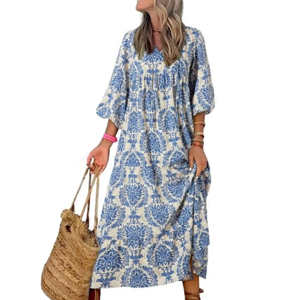 Women Loose Off Shoulder Long Sleeve Print Maxi Dress Tube Top Wrap Style Relaxed Fit Soft Breathable Flattering Comfy