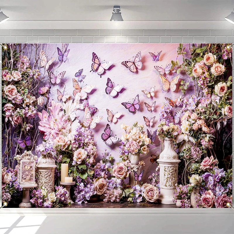 LS Photography Background Spring Floral Butterfly Decoration Newborn Shower Kids Art Portrait Backdrop Photo Studio