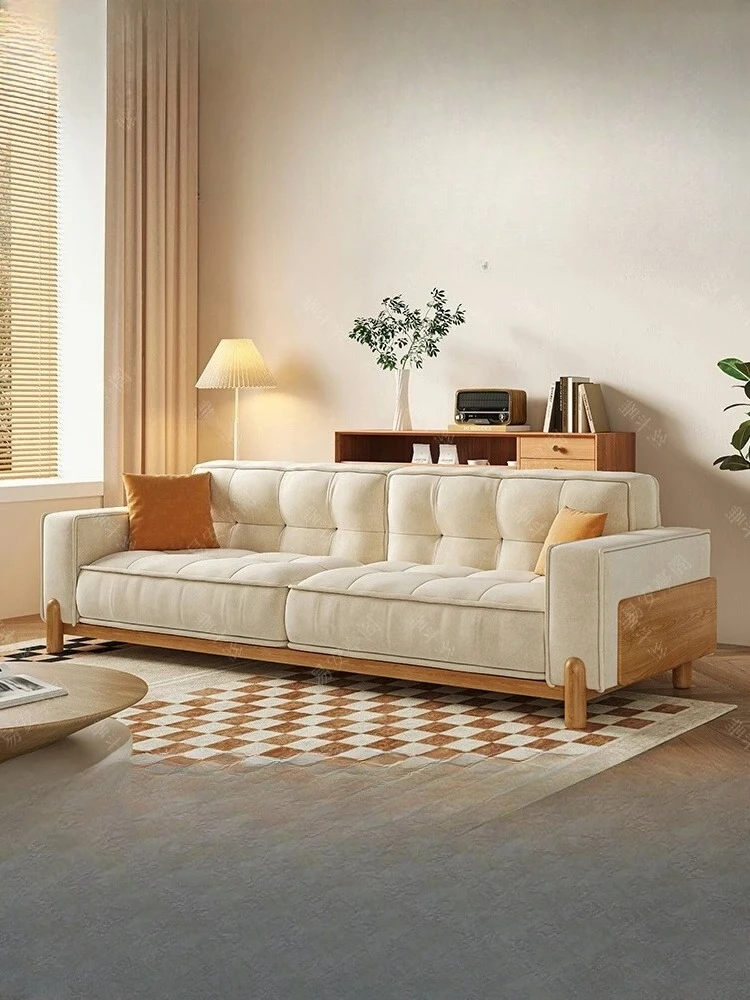 #Nordic cream wind tofu block log wind small apartment living room solid wood toast sofa