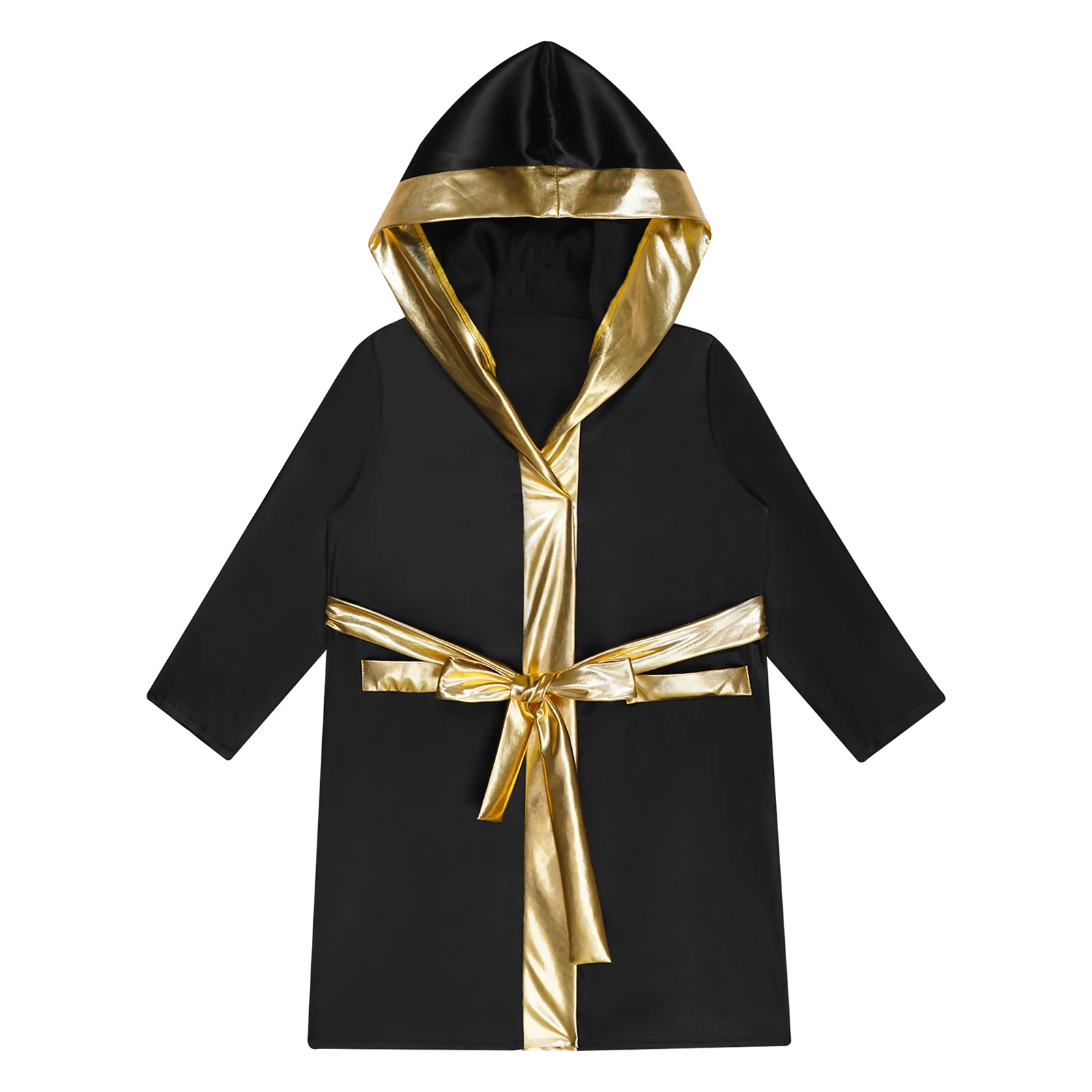 Kids Boys Boxer Costume Halloween Cosplay Uniforms Metallic Trim Long Sleeve Boxing Robes with Belt Shiny Satin Hooded Cloak