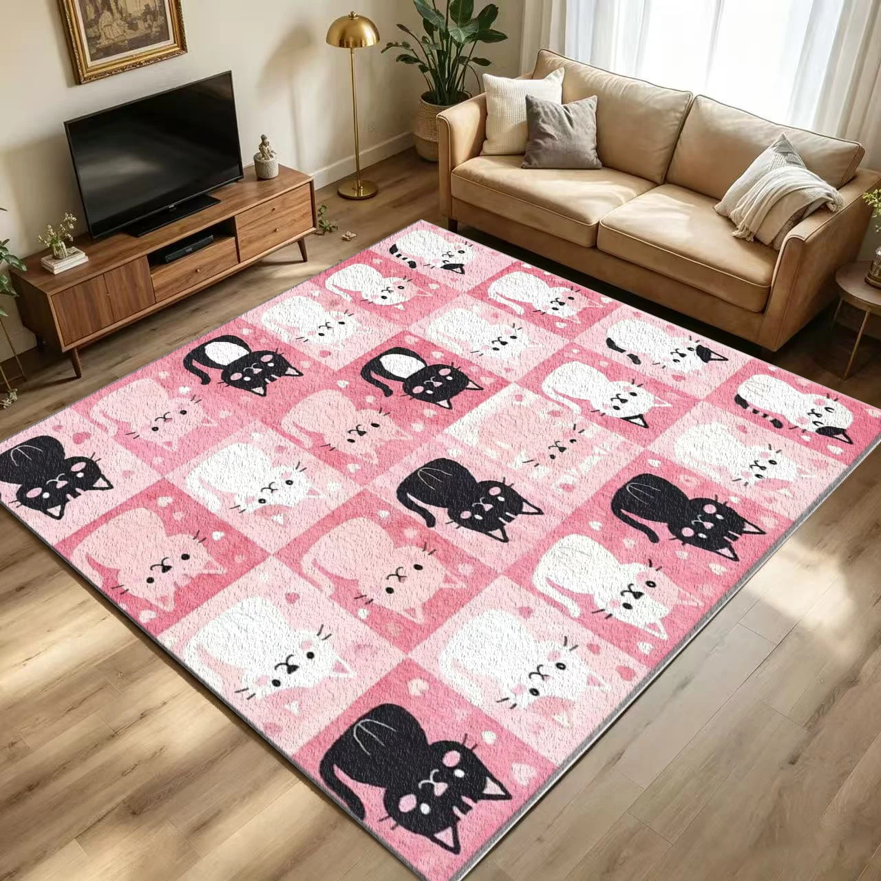 Cute Pink Cartoon Cat Checkered Area Rug Lovely Kitten Heart Pattern Carpet Non Slip Washable Kids Bedroom Playroom Floor Mat