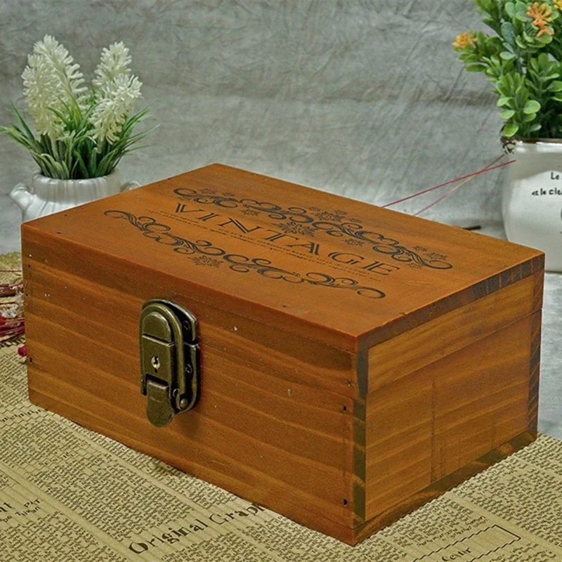 Retro Solid Wood Square Storage Boxes with Keys Desktop Treasure Chest Lockabl Solid Wood Gifts Craft Handmade Storage Box