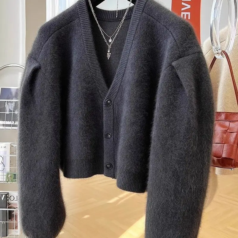 Korejpaa Grey Sweater Short Top V-neck Knitted Cardigan Women Autumn Winter Korean Fashion Sweaters Jacket Simple Solid Clothes