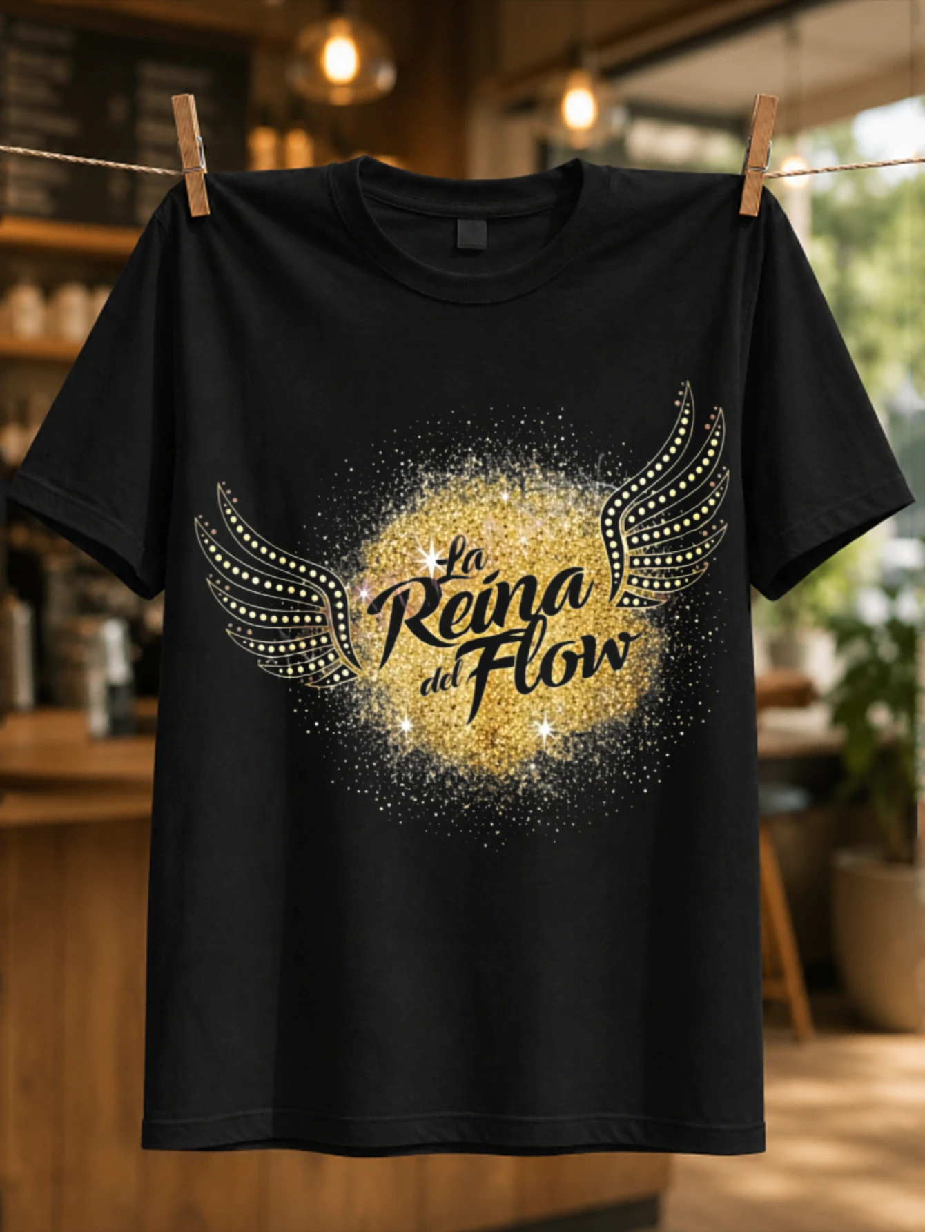 L-a Re-ina del Fl-ow gold glitter title with ornate wings and sparkle accents glamorous music drama  Unisex All T-Shirt