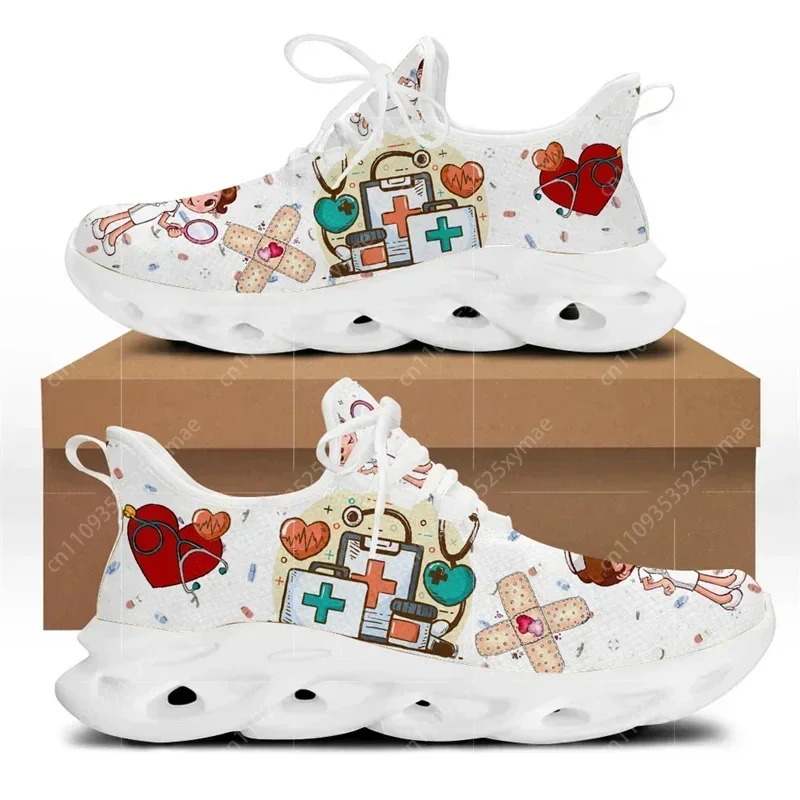 Brand Design Women Sneakers White Nursing Shoes Cute Cartoon Nurse Doctor Medical Print Light Lace-up Flats Footwear - view 3