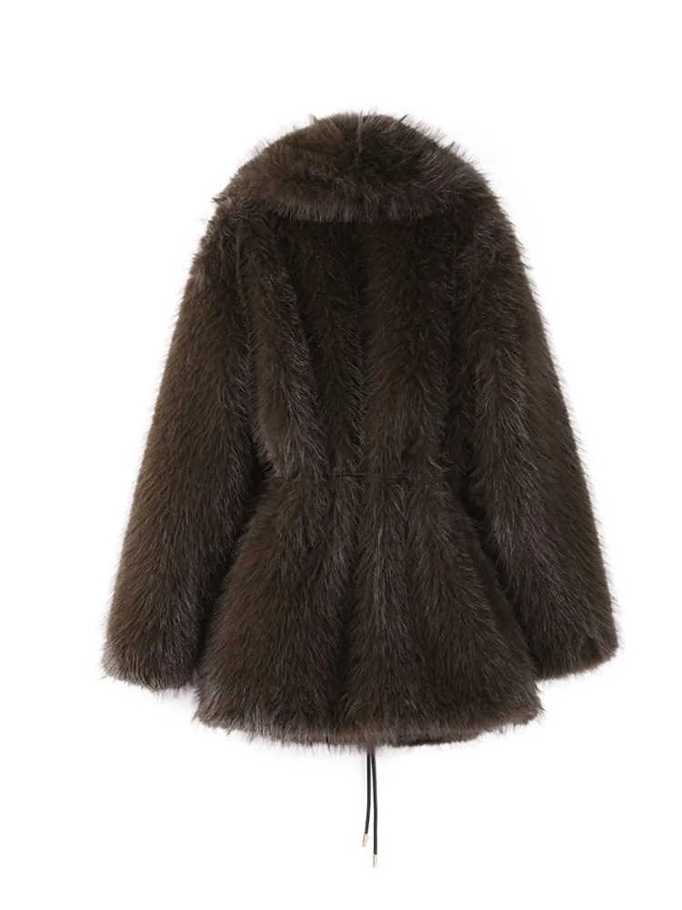 With Belt Fur Coat Fluffy Large Heart Shaped Waist Cinching Deep V Mid Length Overcoat Warm Plush Women Trend Outwear Winter Top