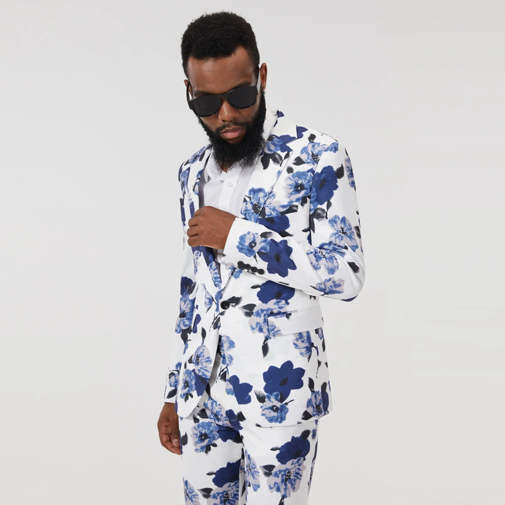 Mens New Fashion Slim Print Blue And White Suits Set 2PCS Suits (Coat+ Pants) Performance DJ Jacket Luxury Singer Star Coat