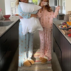 HEZIOWYUN Women's Y2K 2Pieces Loose Fit Pajamas Set Long Sleeve Lapel Neck Breakfast Print Pocket Shirt Tops + Pants Loungewear